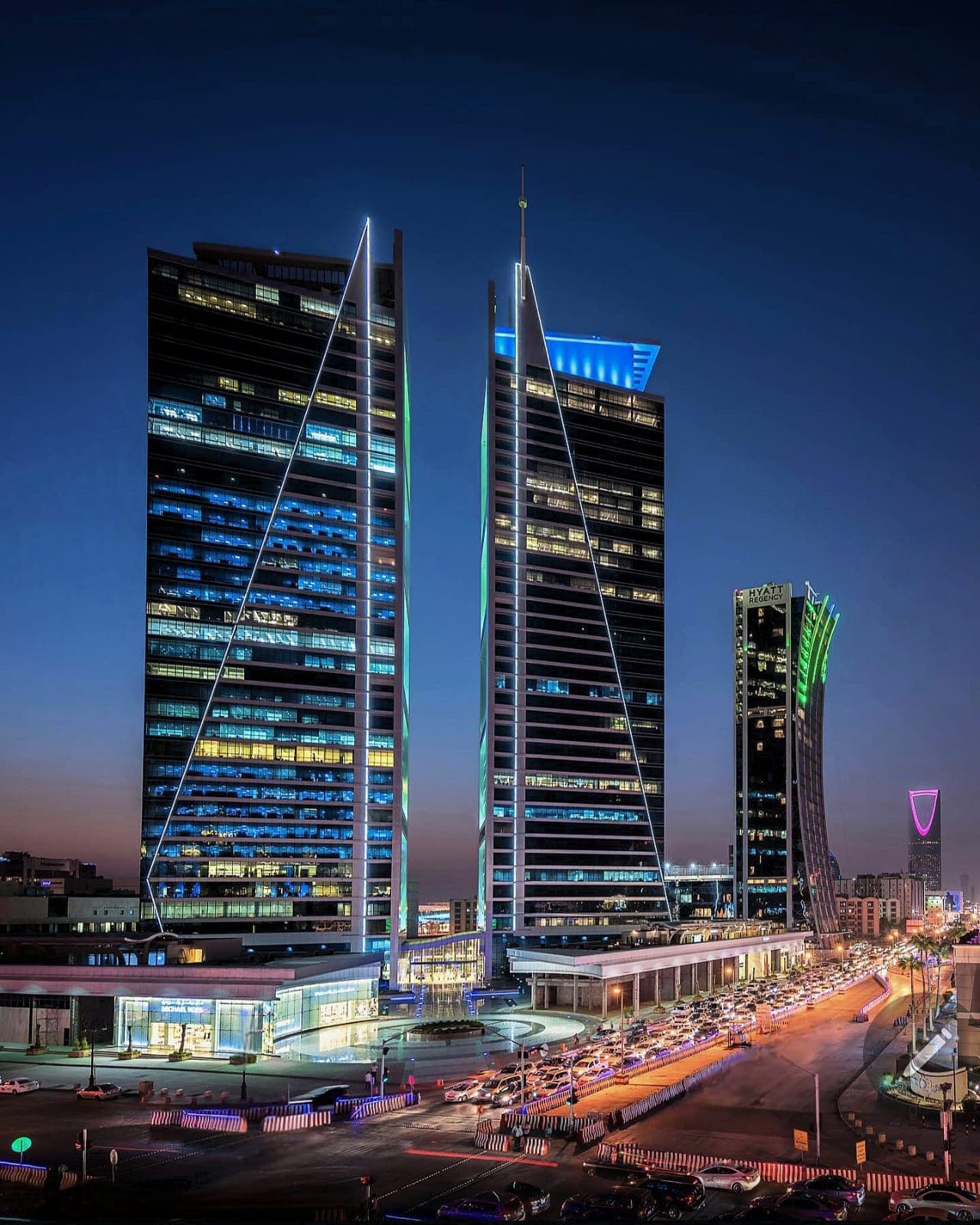 Illuminated towers at night